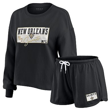 Women's WEAR by Erin Andrews Black New Orleans Saints Heavy Rugby Jersey Long Sleeve T-Shirt & Shorts Lounge Set
