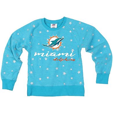 Girls Youth Wes & Willy Aqua Miami Dolphins Shimmer Star Reverse Fleece Pullover Sweatshirt