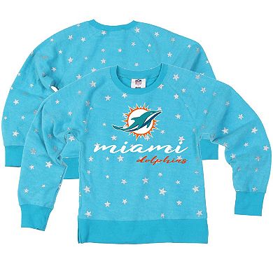 Girls Youth Wes & Willy Aqua Miami Dolphins Shimmer Star Reverse Fleece Pullover Sweatshirt