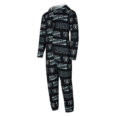 Men's Concepts Sport Black Las Vegas Raiders Shuffle All-Over-Print Microfleece Full-Zip Union Suit