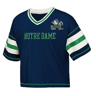 Girls Youth Outerstuff Navy Notre Dame Fighting Irish Gridiron Jersey V-Neck T-Shirt