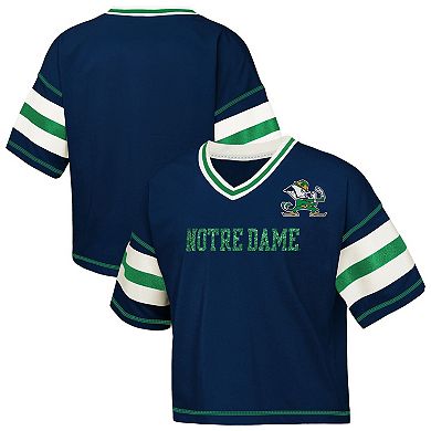 Girls Youth Outerstuff Navy Notre Dame Fighting Irish Gridiron Jersey V-Neck T-Shirt
