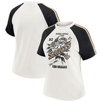 Women's WEAR by Erin Andrews White New Orleans Saints Sleeve Stripe Distressed Raglan T-Shirt
