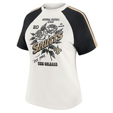 Women's WEAR by Erin Andrews White New Orleans Saints Sleeve Stripe Distressed Raglan T-Shirt