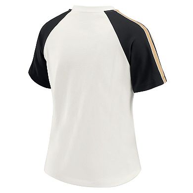 Women's WEAR by Erin Andrews White New Orleans Saints Sleeve Stripe Distressed Raglan T-Shirt