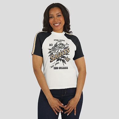 Women's WEAR by Erin Andrews White New Orleans Saints Sleeve Stripe Distressed Raglan T-Shirt