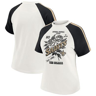 Women's WEAR by Erin Andrews White New Orleans Saints Sleeve Stripe Distressed Raglan T-Shirt