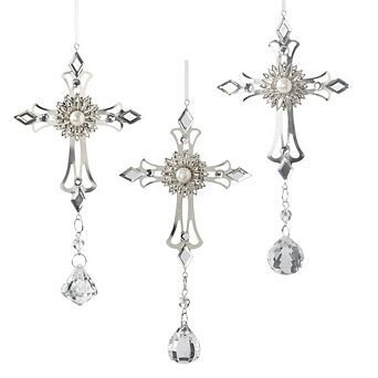 6.5" Cross Ornaments - Metal With Acrylic Pendants Elegant Christmas Decorations