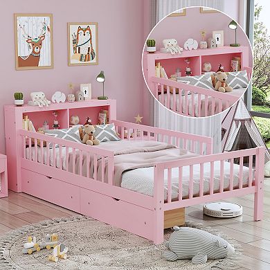Merax Twin Size Bed with Headboard Storage Rack, Two Under-Bed Drawers
