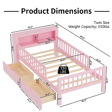 Merax Twin Size Bed with Headboard Storage Rack, Two Under-Bed Drawers