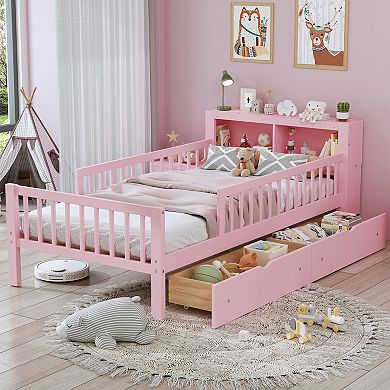 Merax Twin Size Bed with Headboard Storage Rack, Two Under-Bed Drawers