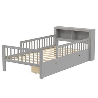 Merax Twin Size Bed with Headboard Storage Rack, Two Under-Bed Drawers