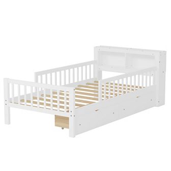 Merax Twin Size Bed with Headboard Storage Rack, Two Under-Bed Drawers