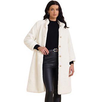 Women's Faux Fur Long Coat Button Down Long Sleeve Winter Fuzzy Overcoat