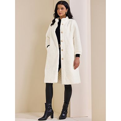 Women's Faux Fur Long Coat Button Down Long Sleeve Winter Fuzzy Overcoat