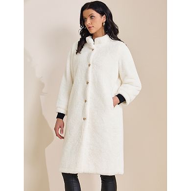 Women's Faux Fur Long Coat Button Down Long Sleeve Winter Fuzzy Overcoat