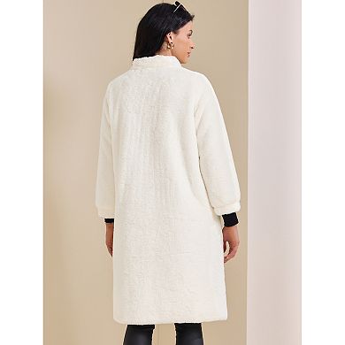 Women's Faux Fur Long Coat Button Down Long Sleeve Winter Fuzzy Overcoat