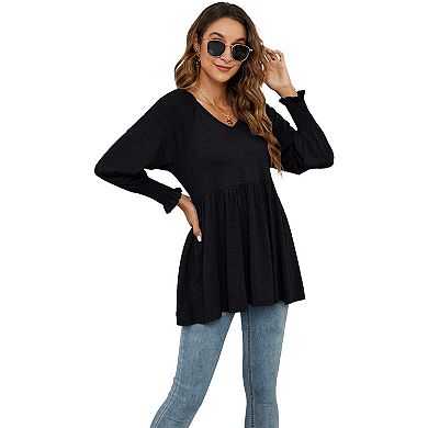 Women Blouse V-Neck Bubble Long Sleeve Top Stretchy T-Shirt
