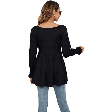 Women Blouse V-Neck Bubble Long Sleeve Top Stretchy T-Shirt