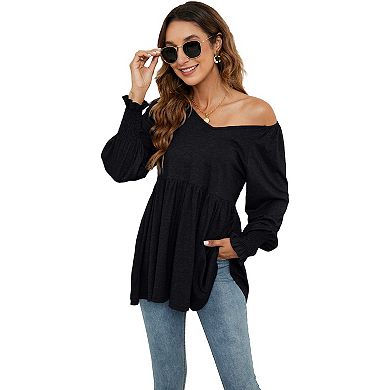 Women Blouse V-Neck Bubble Long Sleeve Top Stretchy T-Shirt