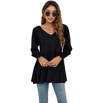 Women Blouse V-Neck Bubble Long Sleeve Top Stretchy T-Shirt
