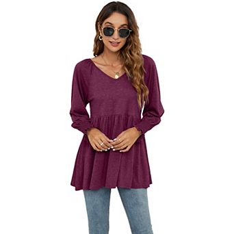 Women Blouse V-Neck Bubble Long Sleeve Top Stretchy T-Shirt
