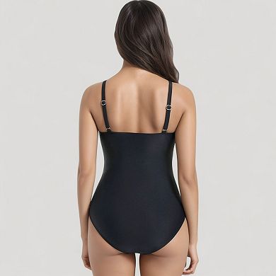 Women's V-Neck One Piece Swimsuit with Front Tie Detail and Subtle Ruching
