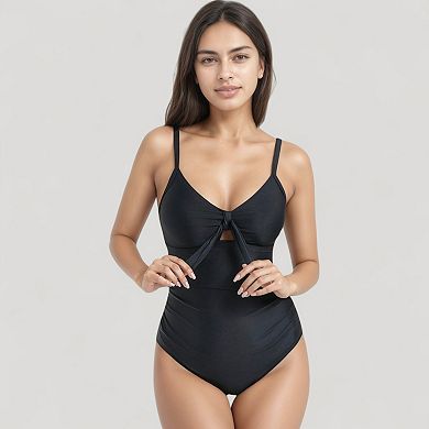 Women's V-Neck One Piece Swimsuit with Front Tie Detail and Subtle Ruching