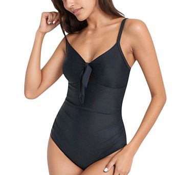 Women's V-Neck One Piece Swimsuit with Front Tie Detail and Subtle Ruching