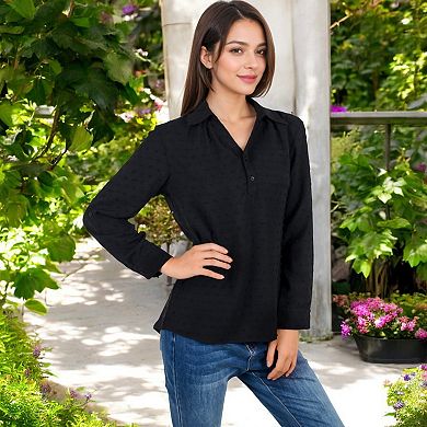 Women's Long Sleeve Textured Blouse with Button-Up Detail and Spread Collar