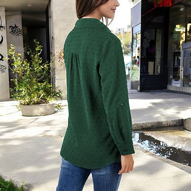 Women's Long Sleeve Textured Blouse with Button-Up Detail and Spread Collar