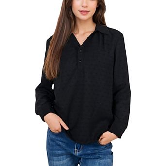 Women's Long Sleeve Textured Blouse with Button-Up Detail and Spread Collar