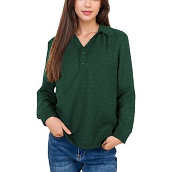 Women's Long Sleeve Textured Blouse with Button-Up Detail and Spread Collar