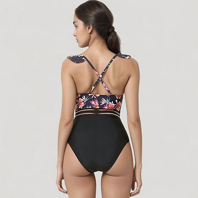 Women's Ruffle One-Piece Swimsuit with Floral Print Bodice and Striped Waistband Detail