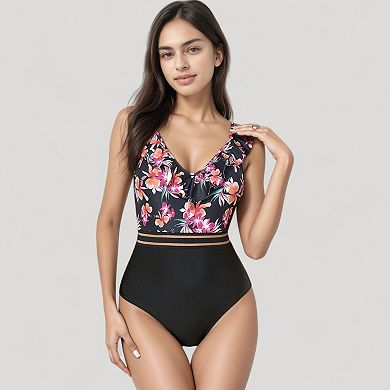 Women's Ruffle One-Piece Swimsuit with Floral Print Bodice and Striped Waistband Detail
