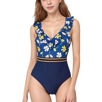 Women's Ruffle One-Piece Swimsuit with Floral Print Bodice and Striped Waistband Detail
