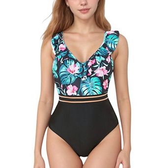 Women's Ruffle One-Piece Swimsuit with Floral Print Bodice and Striped Waistband Detail