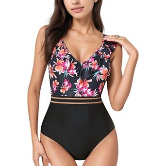 Women's Ruffle One-Piece Swimsuit with Floral Print Bodice and Striped Waistband Detail