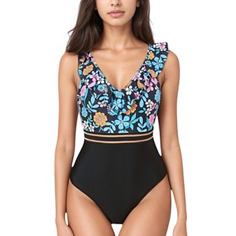 Women's Ruffle One-Piece Swimsuit with Floral Print Bodice and Striped Waistband Detail