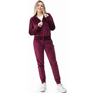 HzDazrl Women 2 Piece Velour Tracksuit Velvet Long Sleeve Zipper Crop Hoodie And Sweatpants Y2k Two Piece Outfits Set (Rose Red, S