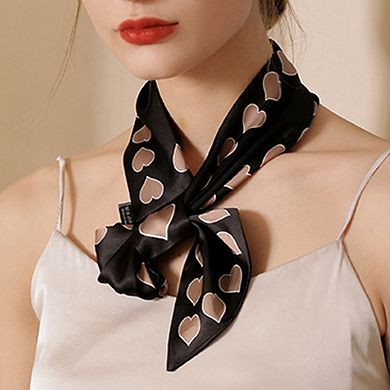 Women's Silky Square Neck Scarf with Black Heart Pattern for Hair and Bag Styling