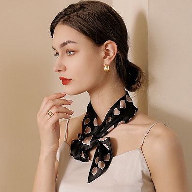 Women's Silky Square Neck Scarf with Black Heart Pattern for Hair and Bag Styling