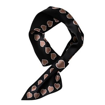 Women's Silky Square Neck Scarf with Black Heart Pattern for Hair and Bag Styling