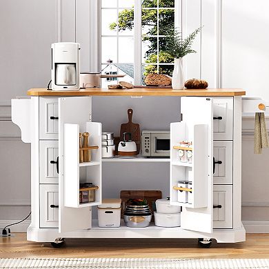 Merax Kitchen Island with Rubber Wood Veneer Drop Leaf