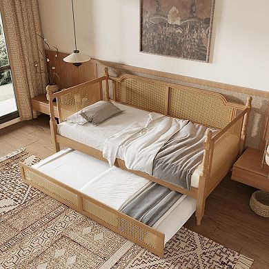 Merax Traditional Style Rattan Twin Size Daybed with Twin Size Trundle