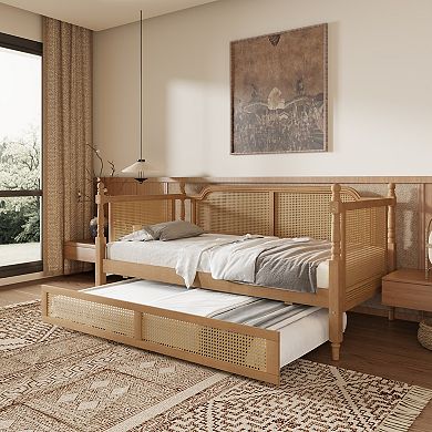 Merax Traditional Style Rattan Twin Size Daybed with Twin Size Trundle