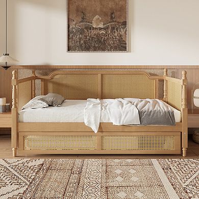 Merax Traditional Style Rattan Twin Size Daybed with Twin Size Trundle