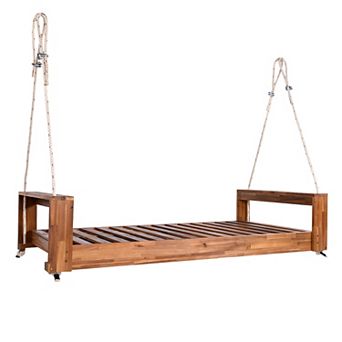 Merax Twin Size Porch Swing Bed Seating Group, Patio Acacia Wood Swing Frame with Hemp Ropes