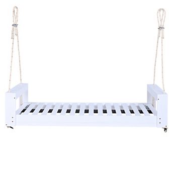 Merax Twin Size Porch Swing Bed Seating Group, Patio Acacia Wood Swing Frame with Hemp Ropes