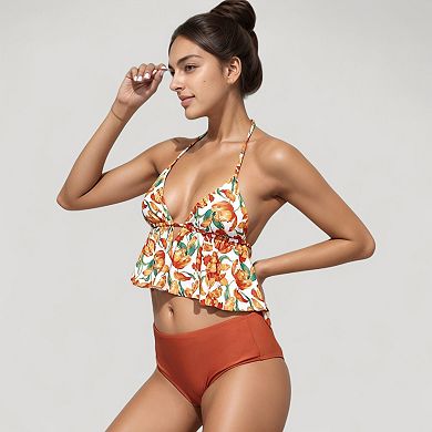 Women's Halter Bikini Set with Ruffle Tank Style Top and High Waist Bottoms